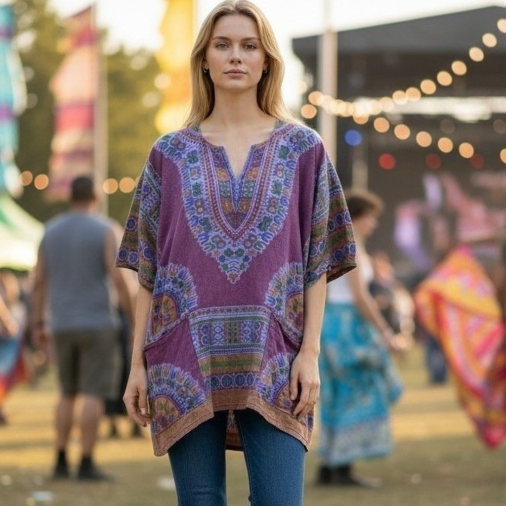 Gypsy Rose Handcrafted Dashiki Tunic Top Purple Boho Festival Large